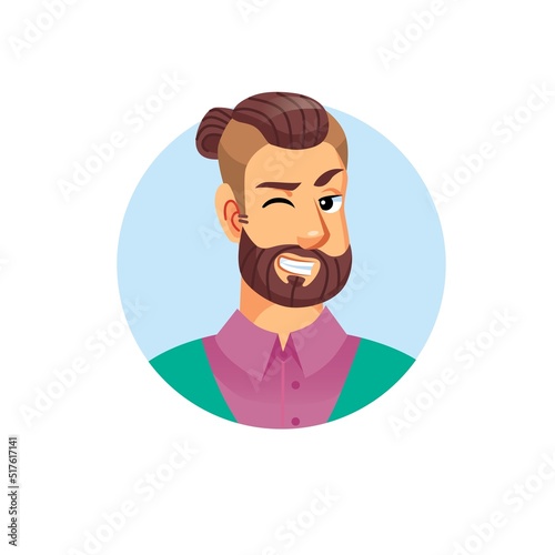 Vector flat cartoon young hipster man character head avatar,male face with sly expression emotion winking on empty background-fashion lifestyle,social media concept,web site banner ad design