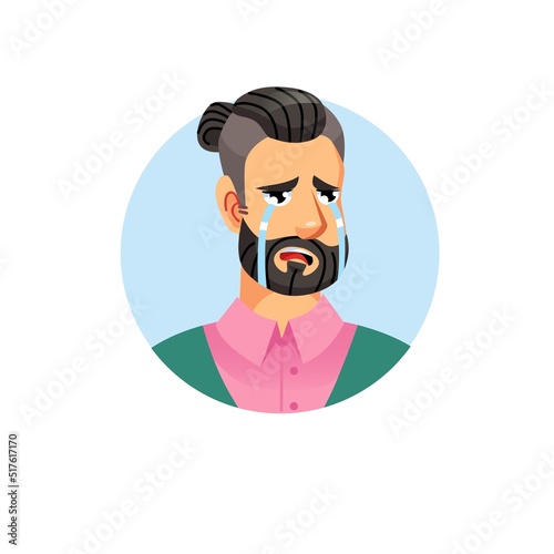 Vector flat cartoon young hipster man character head avatar,male face with miserable expression emotion crying on empty background-fashion lifestyle,social media concept,web site banner ad design