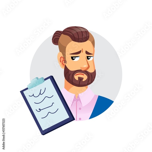 Vector flat cartoon young hipster man character head avatar,male face with displeased expression emotion thinks about checklist-fashion lifestyle,social media concept,web site banner ad design