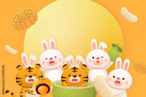 Cute tiger and rabbit celebrate traditional Chinese festivals: Mid-autumn festival, moon cake with pomelo and moon