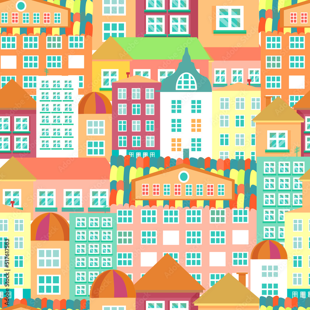 Seamless pattern urban colorful houses. Vector illustration