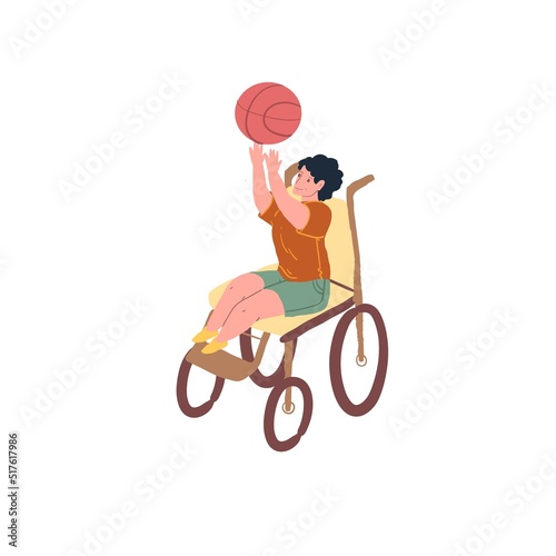 Vector cartoon flat boy character,happy smiling child athlete with disabilities,physical disorder plays basketball-disabled sport,equal human rights,social justice concept,web site banner ad design