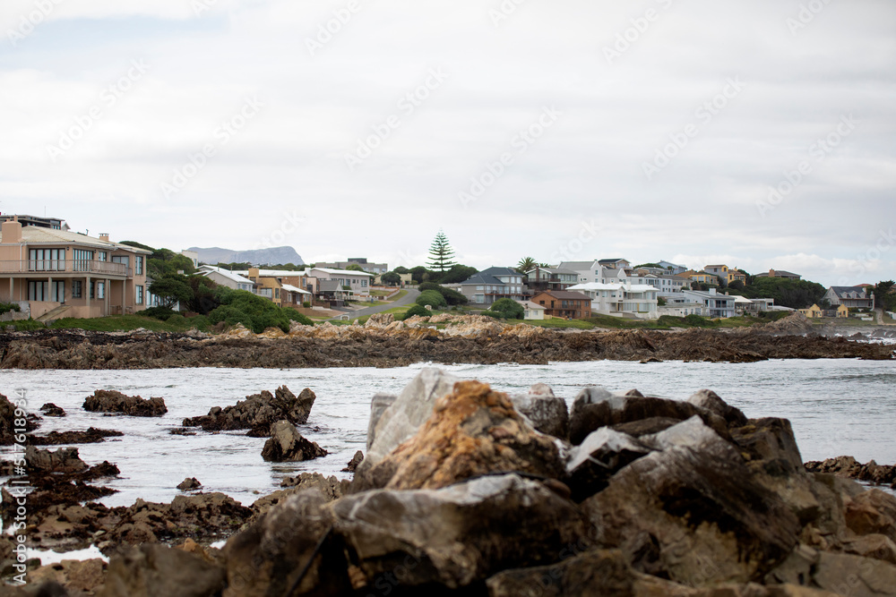 Panoramic view of the shark city in Gansbaai (South Africa) this South African city is famous for the sighting of white sharks in its shark alley in the Atlantic Ocean and between two islands.