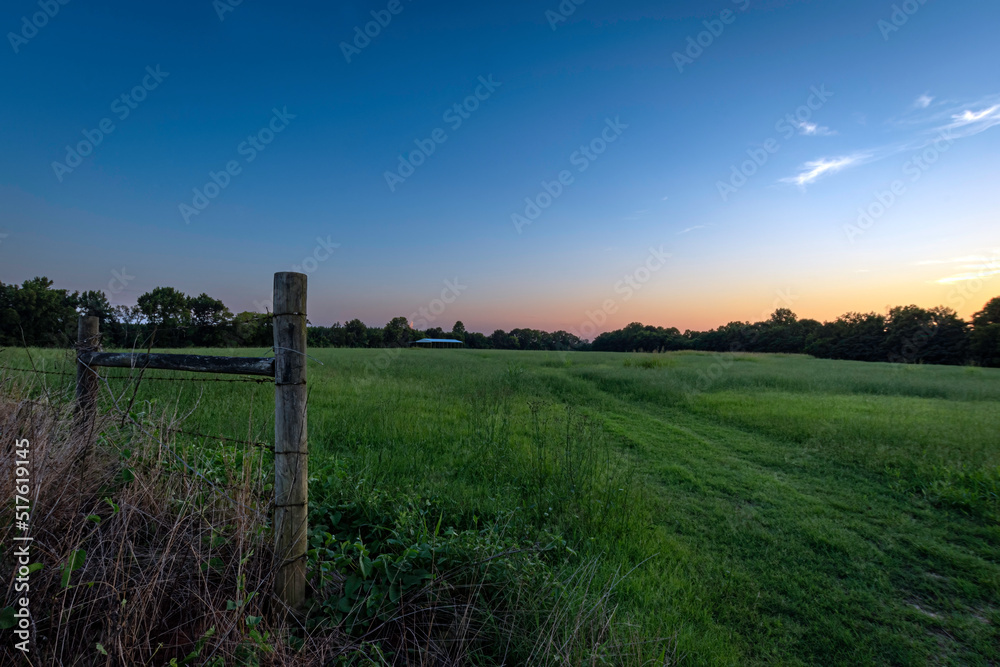 Country landscape of green field at sunset