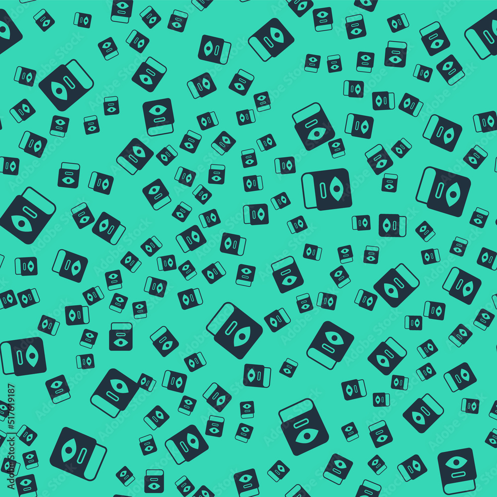 Black Ancient magic book with alchemy recipes and mystic spells and enchantments icon isolated seamless pattern on green background. Vector Black Ancient magic book with alchemy recipes and mystic spells and enchantments icon isolated seamless pattern on green background. Vector