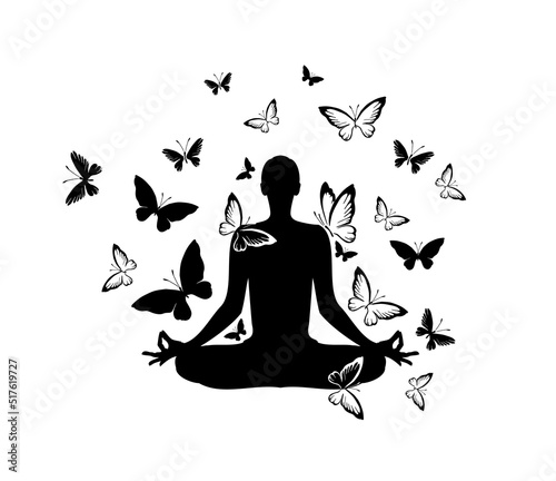 Silhouette of yoga girl with butterflies. vector illustration design
