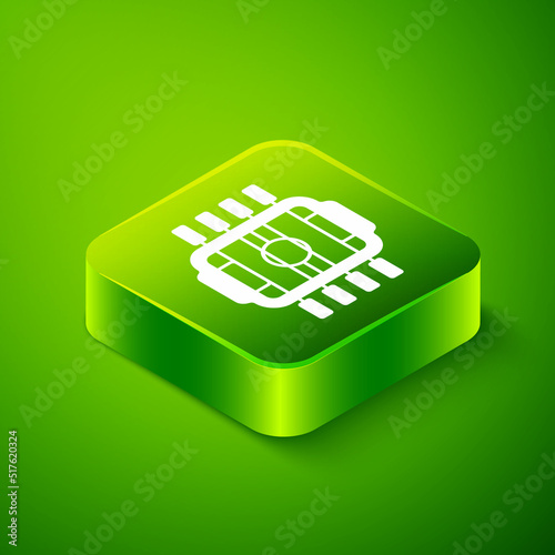 Isometric Table football game hobby or leisure icon isolated on green background. Sport team football players. Green square button. Vector
