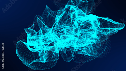 Animated background. Futuristic mysterious flowing digital particles wave de-focus virtual reality abstract cyber space environment background.