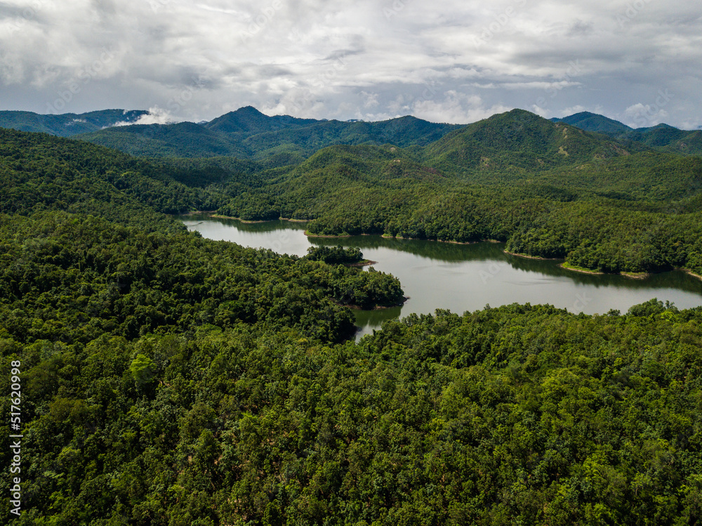 lake in forest from drone
