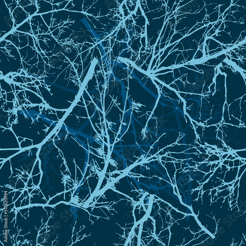Seamless pattern of snowy blue tree branches. Winter background. Vector illustration