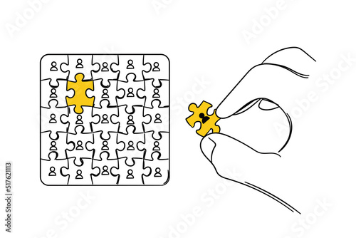 Hand drawn of hand putting last puzzle in the big team. Human resource concept. Vector illustration design