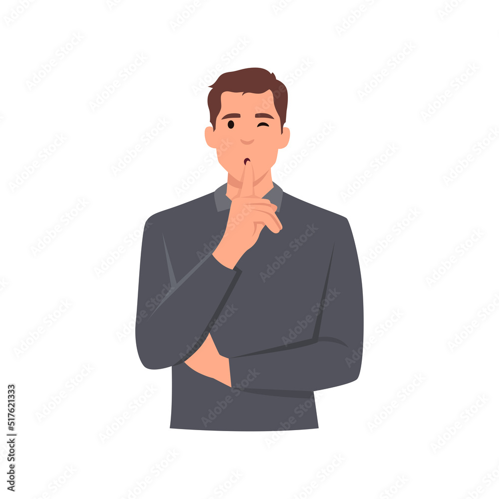 Young man doing Shh! Gesture is quieter. The concept of male secret. A man asks for silence . Flat vector illustration isolated on white background Young man doing Shh! Gesture is quieter. The concept of male secret. A man asks for silence . Flat vector illustration isolated on white background