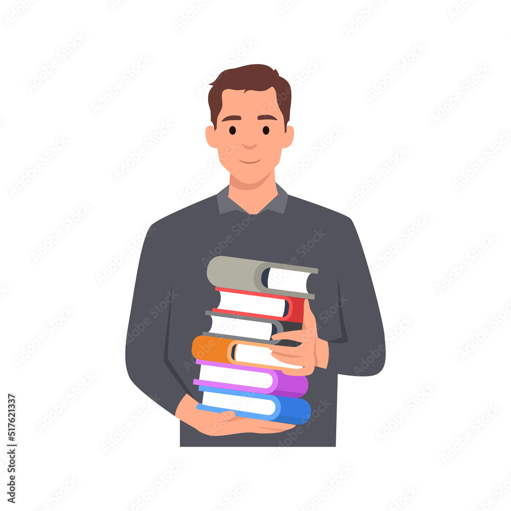 young man holding a pile of educational books in hands. Smiling student carrying huge stack of books. Student holding pile of books. Flat vector illustration isolated on white background young man holding a pile of educational books in hands. Smiling student carrying huge stack of books. Student holding pile of books. Flat vector illustration isolated on white background