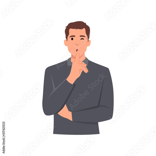 Young man doing Shh! Gesture is quieter. The concept of male secret. A man asks for silence . Flat vector illustration isolated on white background