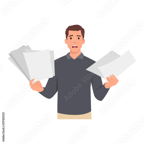 Young man overworked having a lot of paperwork. Caucasian businessman surrounded by lots of papers . Flat vector illustration isolated on white background