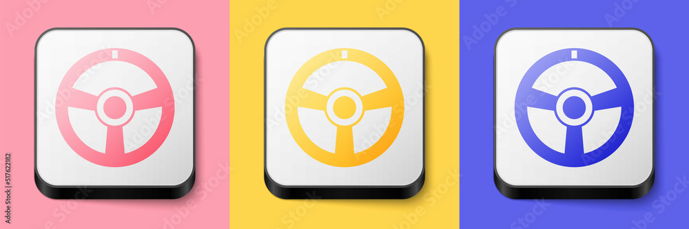 Isometric Racing steering wheel icon isolated on pink, yellow and blue background. Car wheel icon. Square button. Vector Isometric Racing steering wheel icon isolated on pink, yellow and blue background. Car wheel icon. Square button. Vector