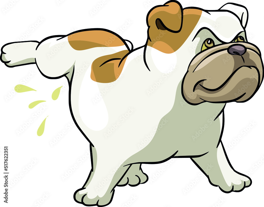 Obraz premium English bulldog, mops, french The dog is peeing, on a pole, illustration, vector, cartoon,
