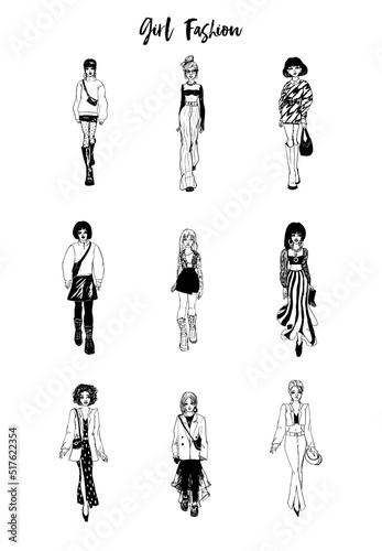 Collection of stylish young women dressed in trendy clothes. Vector fashion black and white illustration.