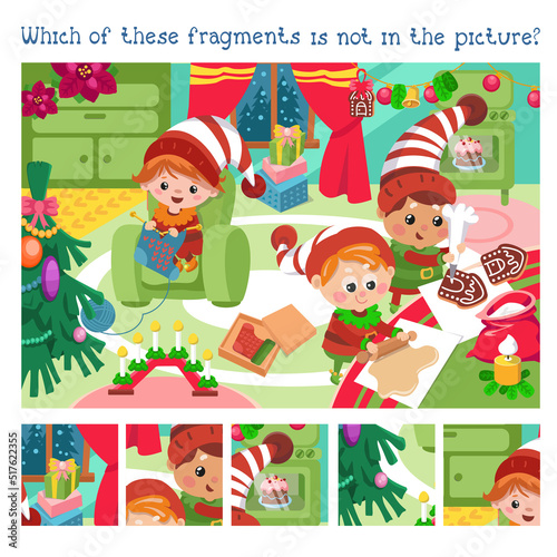 Find hidden fragments. Game for children. Cute elves and Christmas. Characters in cartoon style. Vector illustration.