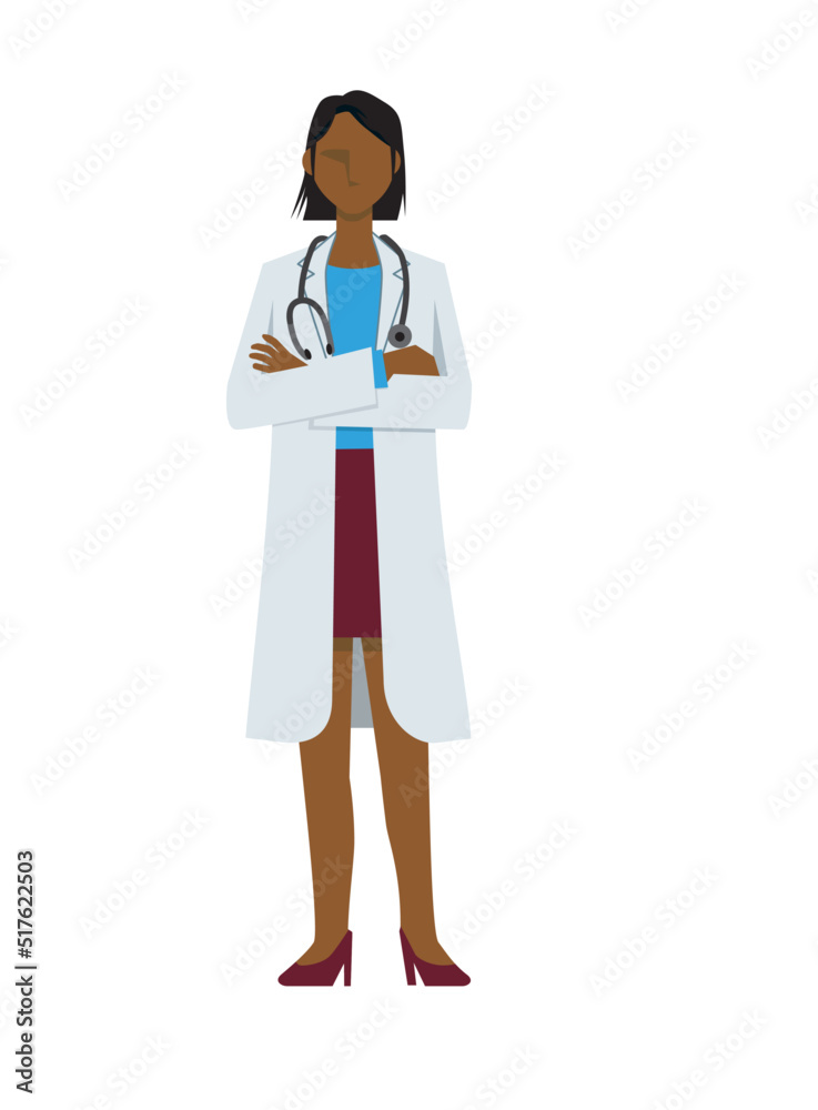 simple illustration of a black female doctor in a lab coat. A pose with arms folded. 8heads tall. simple illustration of a black female doctor in a lab coat. A pose with arms folded. 8heads tall.