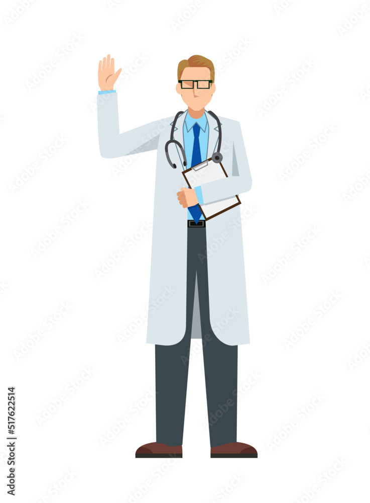 simple illustration of a Caucasian male doctor in a lab coat. A pose to greet with a file. 8heads tall. simple illustration of a Caucasian male doctor in a lab coat. A pose to greet with a file. 8heads tall.