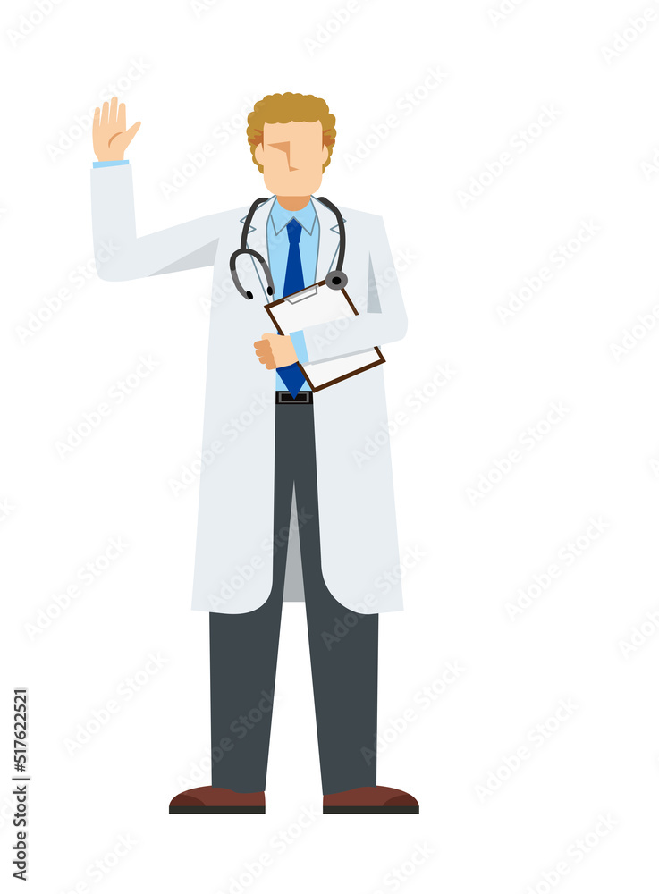 simple illustration of a Caucasian male doctor in a lab coat. A pose to greet with a file. 8heads tall.