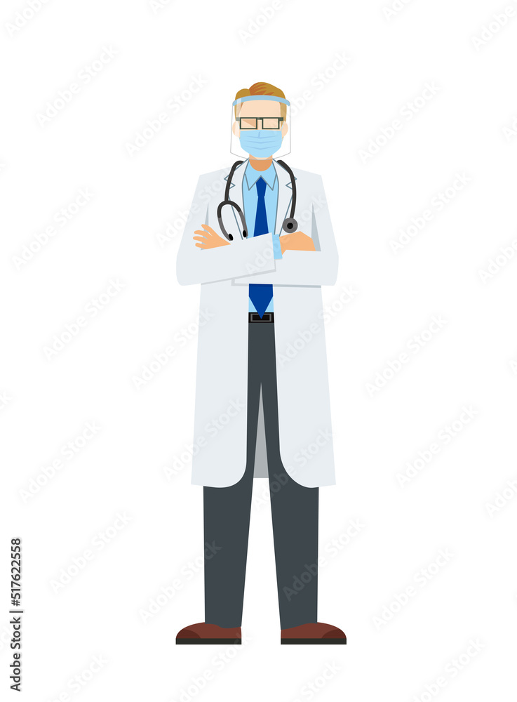 simple illustration of a Caucasian male doctor in a lab coat. Infection prevention with a mask and face shield. 8heads tall. simple illustration of a Caucasian male doctor in a lab coat. Infection prevention with a mask and face shield. 8heads tall.