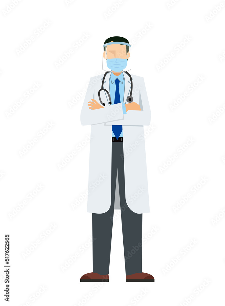 simple illustration of an Asian male doctor in a lab coat. Infection prevention with a mask and face shield. 8heads tall. simple illustration of an Asian male doctor in a lab coat. Infection prevention with a mask and face shield. 8heads tall.