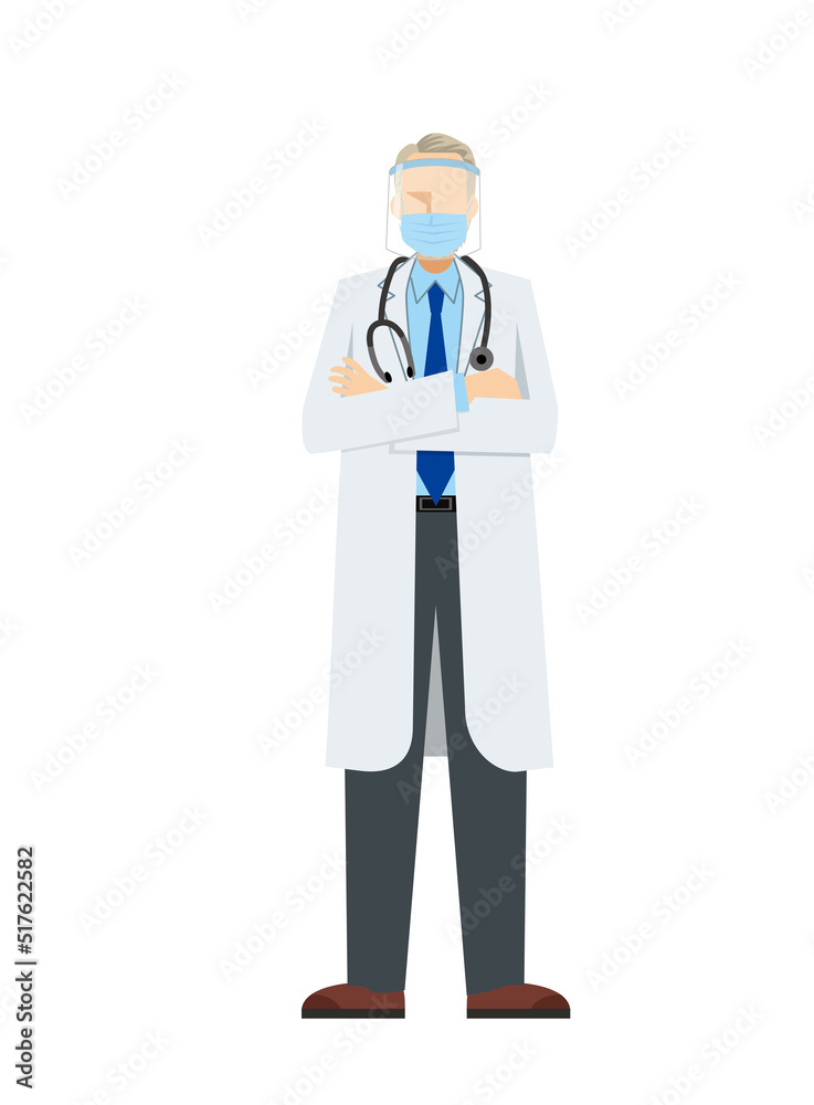 simple illustration of a Caucasian male doctor in a lab coat. Infection prevention with a mask and face shield. 8heads tall. simple illustration of a Caucasian male doctor in a lab coat. Infection prevention with a mask and face shield. 8heads tall.