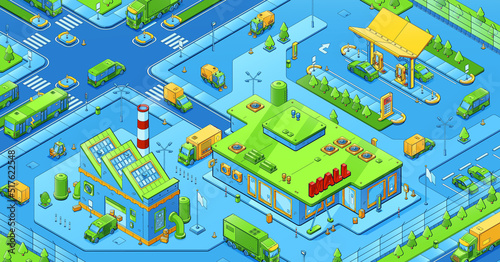 Isometric city infrastructure refueling station, shopping mall, factory or warehouse urban architecture buildings. Transport driving at roads, commuter, trucks, cars 3d vector line art illustration