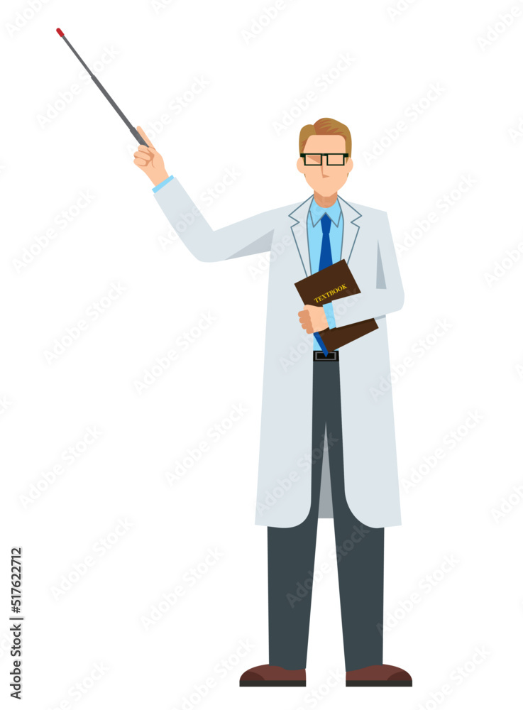 simple illustration of a Caucasian male doctor in a lab coat. A pose with a pointer. Conference, explanation. 8heads tall. simple illustration of a Caucasian male doctor in a lab coat. A pose with a pointer. Conference, explanation. 8heads tall.