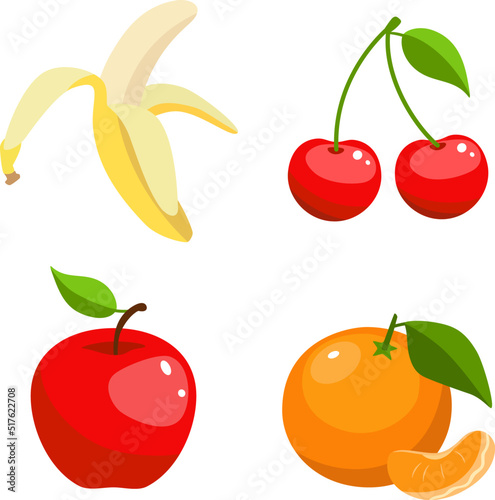 Vector set of fruit, illustration of red apple, cherry, banana and tangerine, icon fruits set isolated on white background