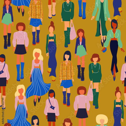 Seamless pattern. Women in trendy clothes. Fashion flat style illustration.