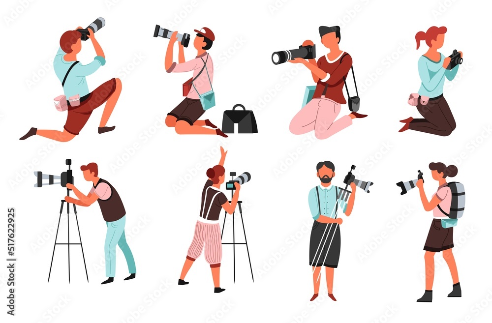 Photo camera and photographers men and women with isolated male and female characters vector