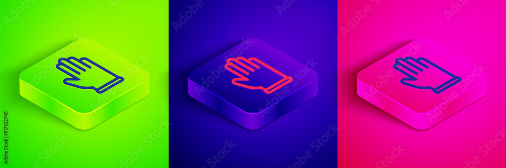 Isometric line Rubber gloves icon isolated on green, blue and pink background. Latex hand protection sign. Housework cleaning equipment symbol. Square button. Vector Isometric line Rubber gloves icon isolated on green, blue and pink background. Latex hand protection sign. Housework cleaning equipment symbol. Square button. Vector