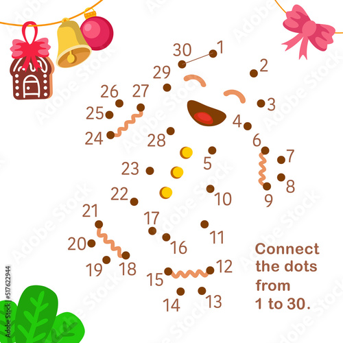 Connect dots from 1 to 30. Educational game. Christmas gingerbread man. Activity page for kids. Vector illustration.