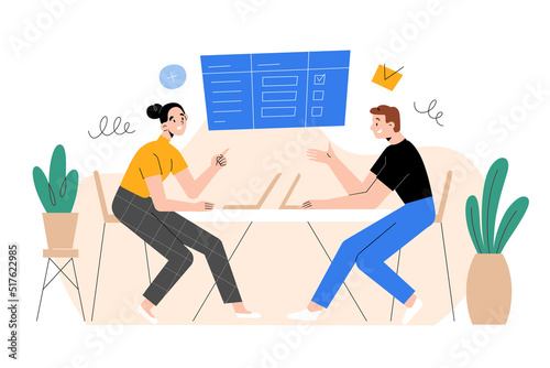 Employees or business partners talking to each other, discussing in office, man, woman business meeting, colleagues, negotiation, office scene, cartoon vector illustration isolated on white background