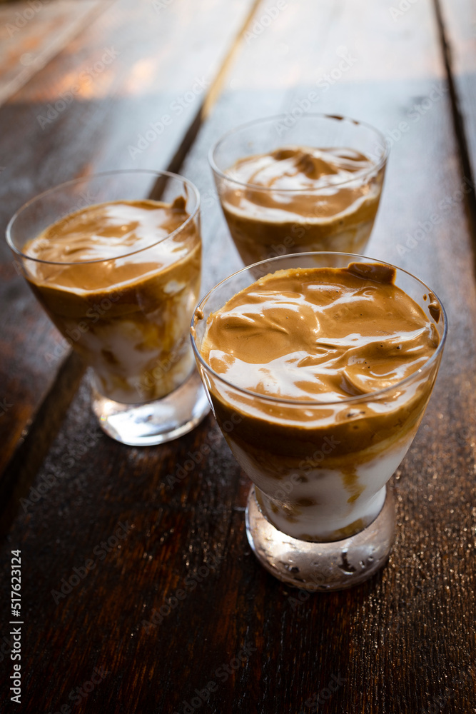 Creamy coffee with ice milk. Coffee with ice. Dalgona coffee