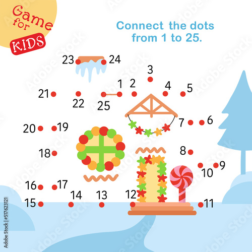 Connect the dots from 1 to 25. Educational game. Christmas gingerbread house. Activity page for kids. Vector illustration.
