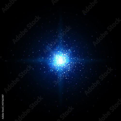Bright blue star cluster, galaxy. Glowing blue stars in dark space. Shining galaxy in depths of space. Glitter particles sparkling. Shiny abstract bokeh. Dark background. Vector illustration