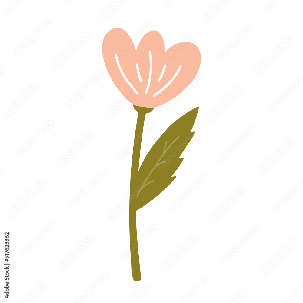 Cute pink flower with leaves isolated on white background. Vector illustration in hand-drawn flat style. Perfect for cards, logo, decorations, spring and summer designs. Botanical clipart.