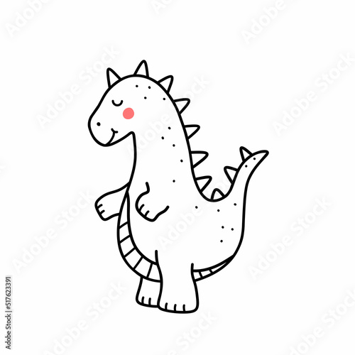 Cute smiling dinosaur isolated on white background. Vector hand-drawn illustration in doodle style. Perfect for cards  logo  decorations. Cartoon character.