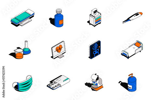 Medical 3d isometric icons set. Pack elements of couch, bottle, patient monitoring system, thermometer, laboratory research, flask, x-ray, mask and other. Vector illustration in modern isometry design