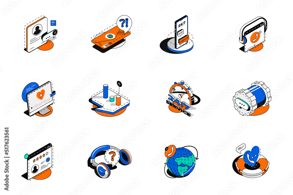 Fototapeta premium Customer support 3d isometric icons set. Pack elements of online communication with client, contact us, chat, email, call, help service, faq and other. Vector illustration in modern isometry design