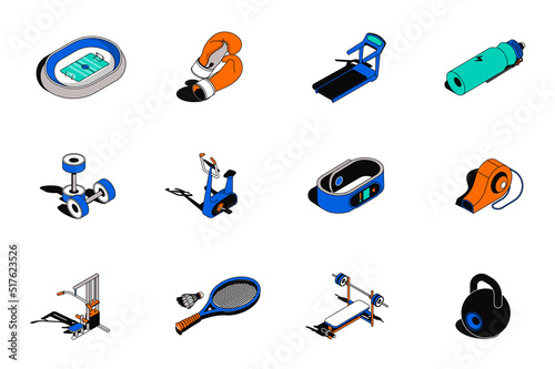 Sports 3d isometric icons set. Pack elements of stadium, boxing gloves, treadmill, bottle water, dumbbells, exercise machine, gym equipment and other. Vector illustration in modern isometry design