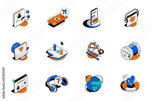 Customer support 3d isometric icons set. Pack elements of online communication with client, contact us, chat, email, call, help service, faq and other. Vector illustration in modern isometry design