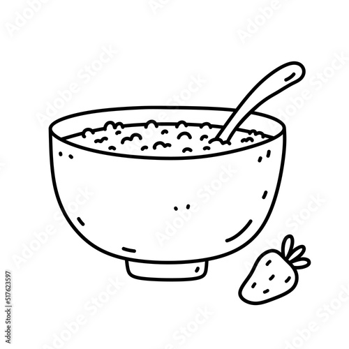 Bowl of oatmeal for breakfast isolated on white background. Healthy food. Vector hand-drawn illustration in doodle style. Perfect for recipes, decoration, logo, menu, various designs.