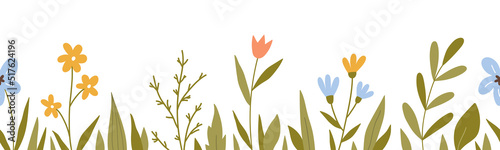 Seamless horizontal border with cute flowers and leaves. Botanical background. Perfect for decorations, greeting cards, banner designs. Vector illustration in hand-drawn flat style.