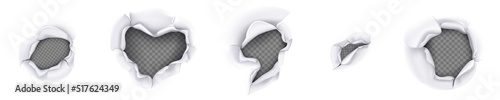 Holes in paper, pages with torn curve edges and gaps. Ripped white sheet, ragged teared and curled parts and peeling elements isolated on transparent background, Realistic 3d vector illustration, set