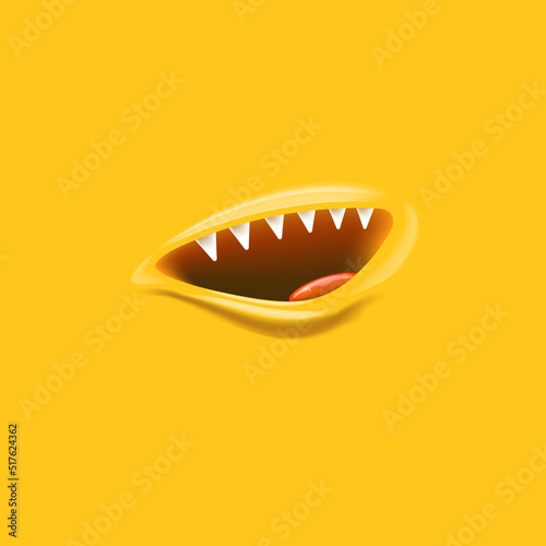 Vector Cartoon vampire mouth with fangs isolated on orange background. Funny and cute Monster mouth with teeth and tongue